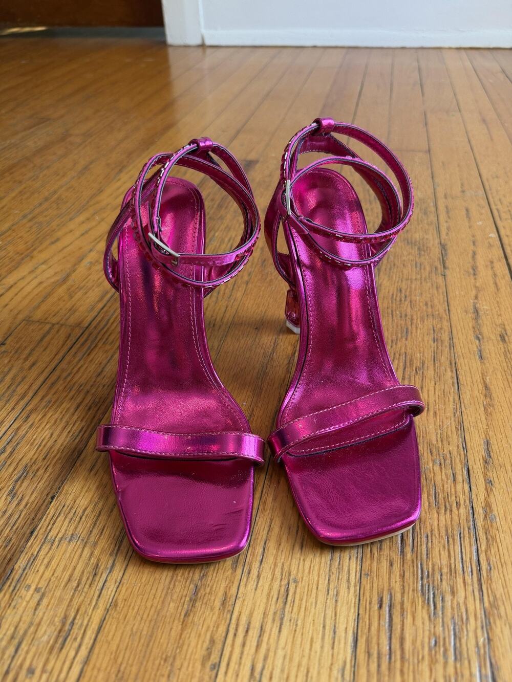 Pink Rhinestone Strappy Heel Sandals Shoes Womens Size 8 Square Toe Party